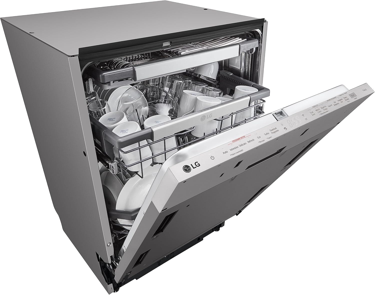LG QuadWash DB365TXS Lavastoviglie da Incasso a Scomparsa Totale, Serie 3, Classe B, 14 coperti, 4 Bracci Irroratori, Vapore, Cerniere Sliding, Apertura Automatica, 3° Cestello, Wi-Fi, Acciaio