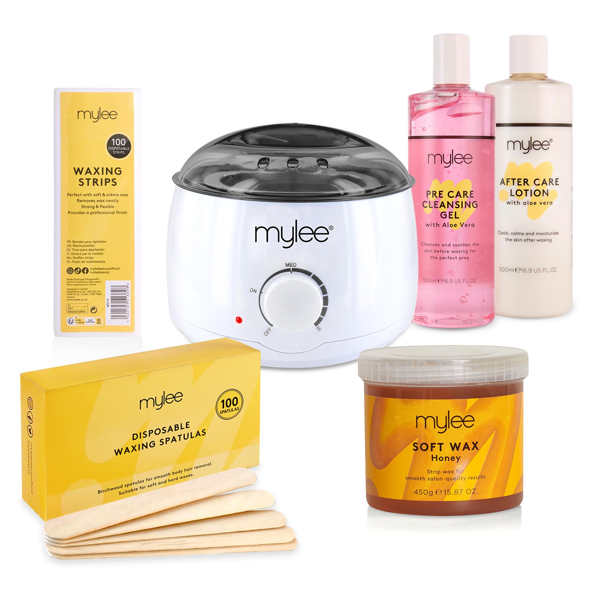 Mylee Kit Completo per Ceretta, con Scaldacera, Strisce depilatorie, Spatole e Lozione Pre e Post Depilazione (Kit con Cera al Miele)