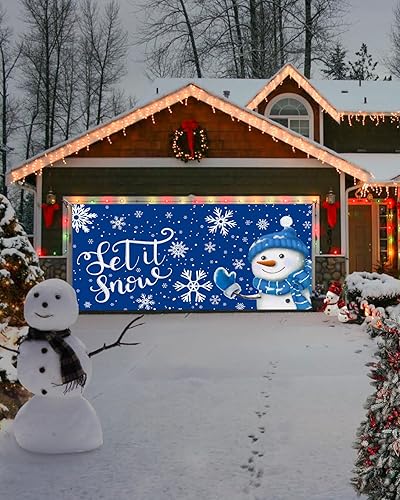 Miniatura 4 de Cubierta de cartel de Navidad para puerta de garaje con muñeco de nieve azul, decoración de puerta de garaje colgante de copo de nieve de invierno,