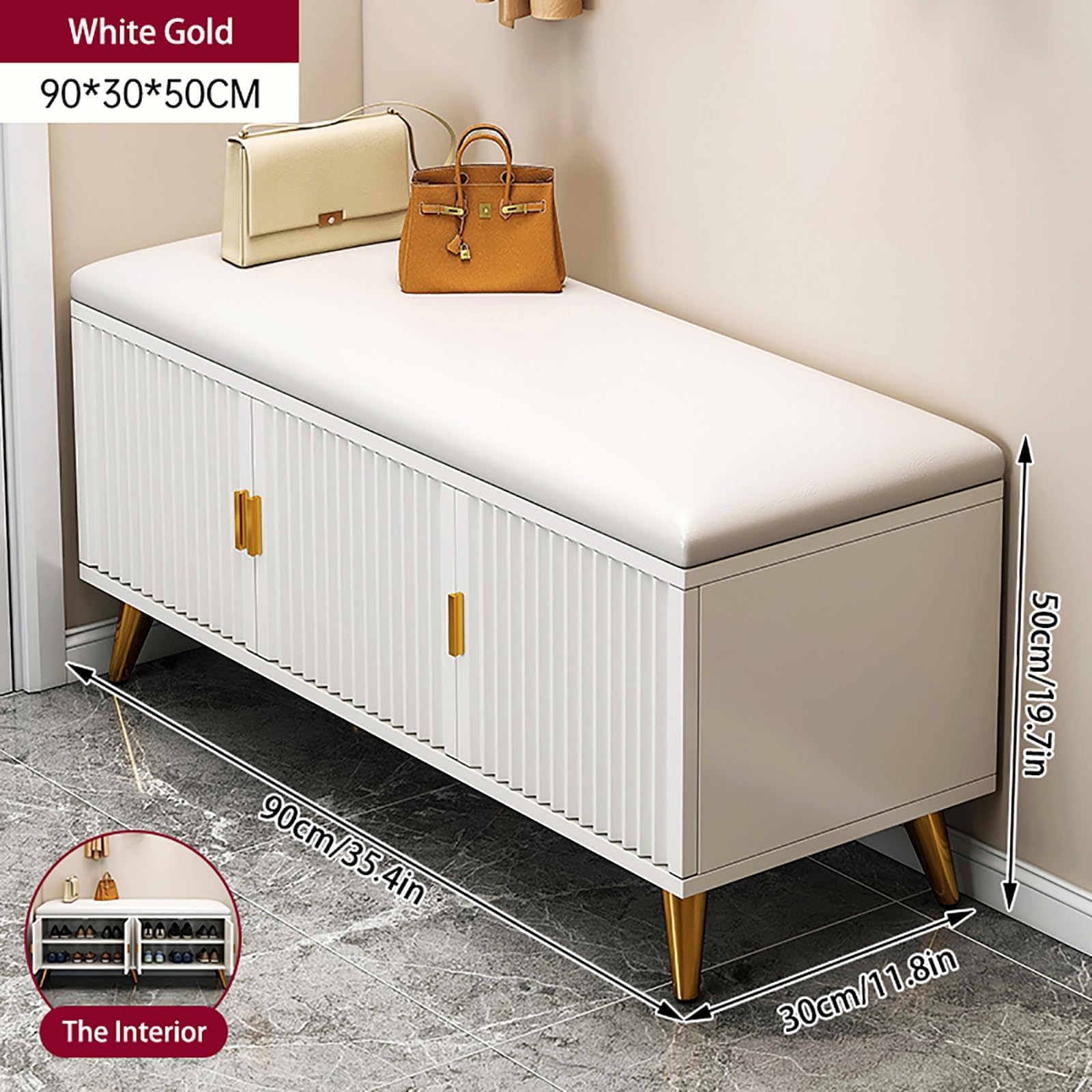 Elegancki nowoczesny regał na buty z ukrytym schowkiem, wąska szafka wejściowa na wysokie obcasy, stylowy organizer do przedpokoju (90 x 50 x 30 cm, biały)