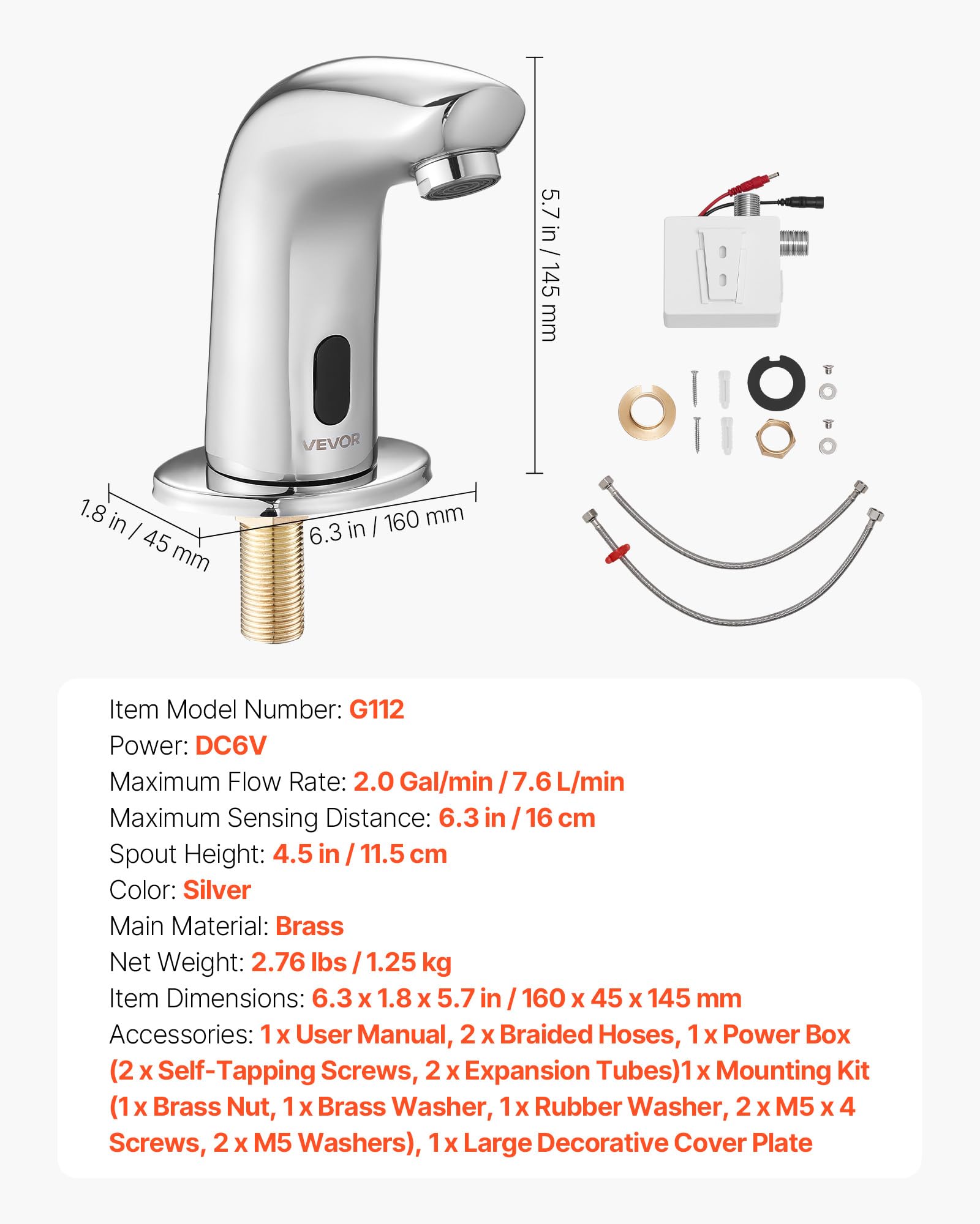 VEVOR Grifo de Lavabo sin Contacto para Baño, Latón, con Sensor y Tapa, a Pilas, Grifo para Inodoro y Lavabo, Robusto y Resistente a la Oxidación, Plata Cromada, 160 x 45 x 145 mm, 7,6 L/min