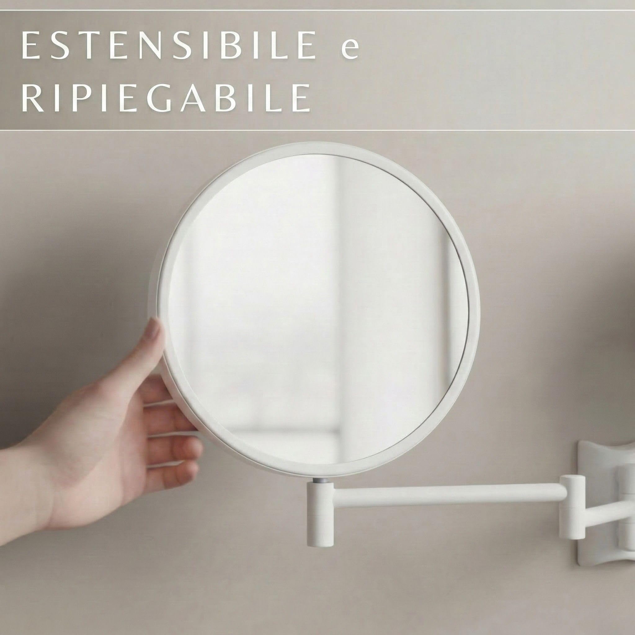 Imola Specchio Ingranditore da Parete – Specchio Trucco Girevole a 360° – Specchietto Bifacciale per Rasatura con Ingrandimento – Braccio Estensibile in Metallo, Ø 19 cm (Bianco 3x / 7x)