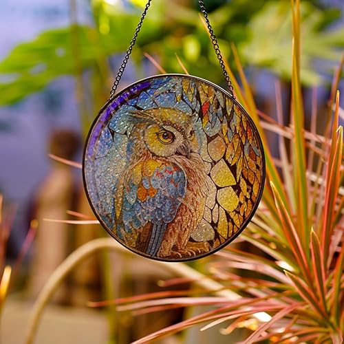 Miniatura 4 de ZZHAOYI Colgante de ventana de cristal de búho de 8 pulgadas, pintado a mano, decoración de ventana, paneles de vidrio de pájaro, decoración de