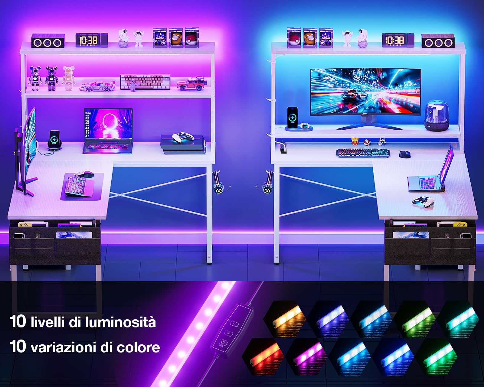 Coleshome Scrivania Gaming con LED e Prese, 135 × 100 cm Scrivania Gaming Angolare Reversibile con Scaffali Portaoggetti, Scrivania Angolare con Borsa Portaoggetti per Giocatori, Bianco