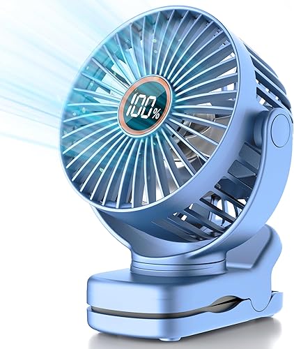 Miniatura 8 de TUNISE Mini ventilador con clip, ventilador de escritorio a pilas, pantalla digital, 3 velocidades ajustables, bidireccional ajustable de 360 ,