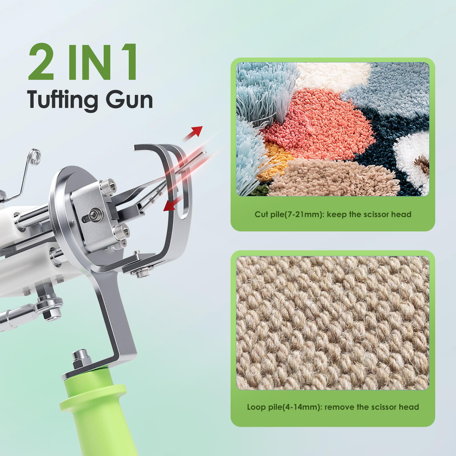 Aomdom Pistola Tufting 2 en 1 Tufting Gun 7-21 mm Tufting Pistola 5-40 puntos/sec Cut Pile& Loop Pila Tufting Gun Set para alfombra eléctrica Navidad Halloween DIY Alfombra
