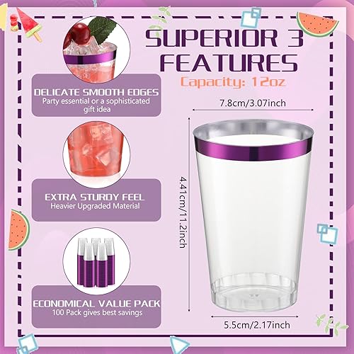 Miniatura 2 de 100 vasos de plástico desechables de 12 onzas, vasos de plástico transparente con borde para cumpleaños, bodas, fiestas, elegantes tazas de vino,