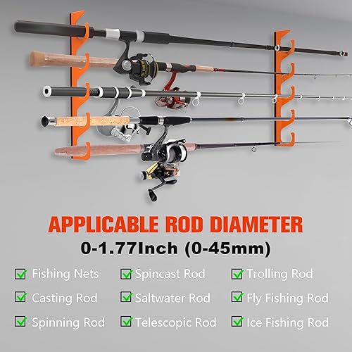 Miniatura 5 de ZEAKOC Soportes para caña de pescar para garaje, soporte de caña de pescar de metal recubierto de goma, soporte de pared horizontal o soporte para
