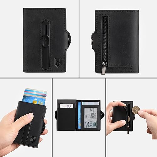 Miniatura 5 de Leaov Tarjetero delgado de cuero con ventana de identificación tarjetas emergentes protección RFID cartera minimalista para hombres con bolsillo