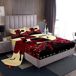 Full Size Cinema Bed Sheets Set Boys Girls Movie Theater Decor Sheet Set for Kids Women Men Red Movie Night Sheets with Deep Pocket Fitted Sheet Home Theater Room Decor