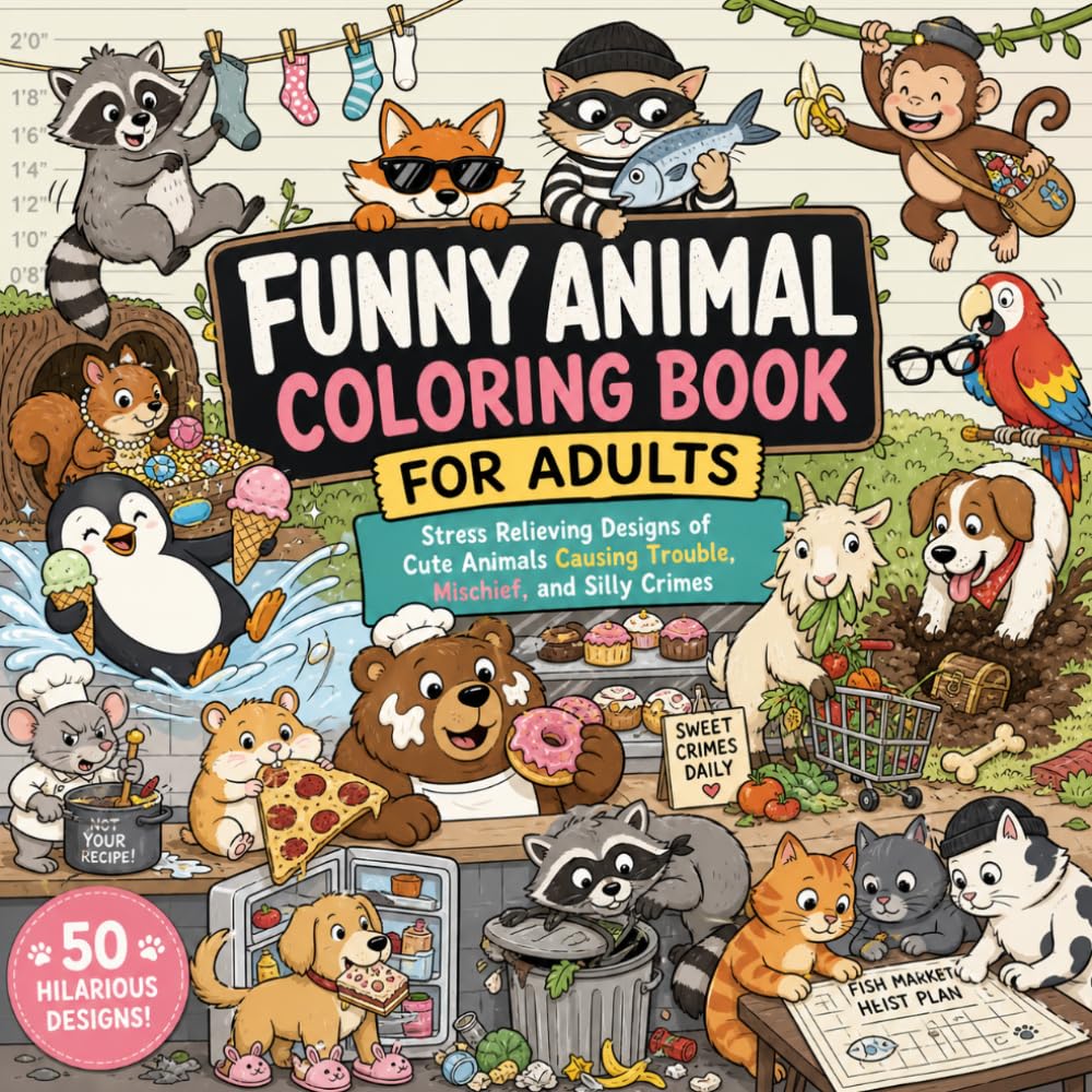 Funny Animal Coloring Book: 50 Minimal Stress Relieving Designs of Cute Animals Causing Trouble, Mischief, and Silly Crimes, Anxiety Relief Animal Coloring Book for Kids and Adults