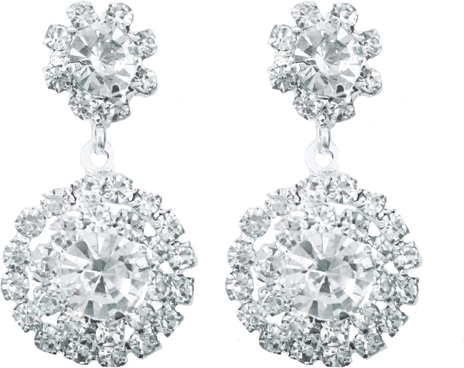 Round Drop CLIP ON Earrings Silver Plated Crystal Drop Dangle Womens Girls CZ Ladies