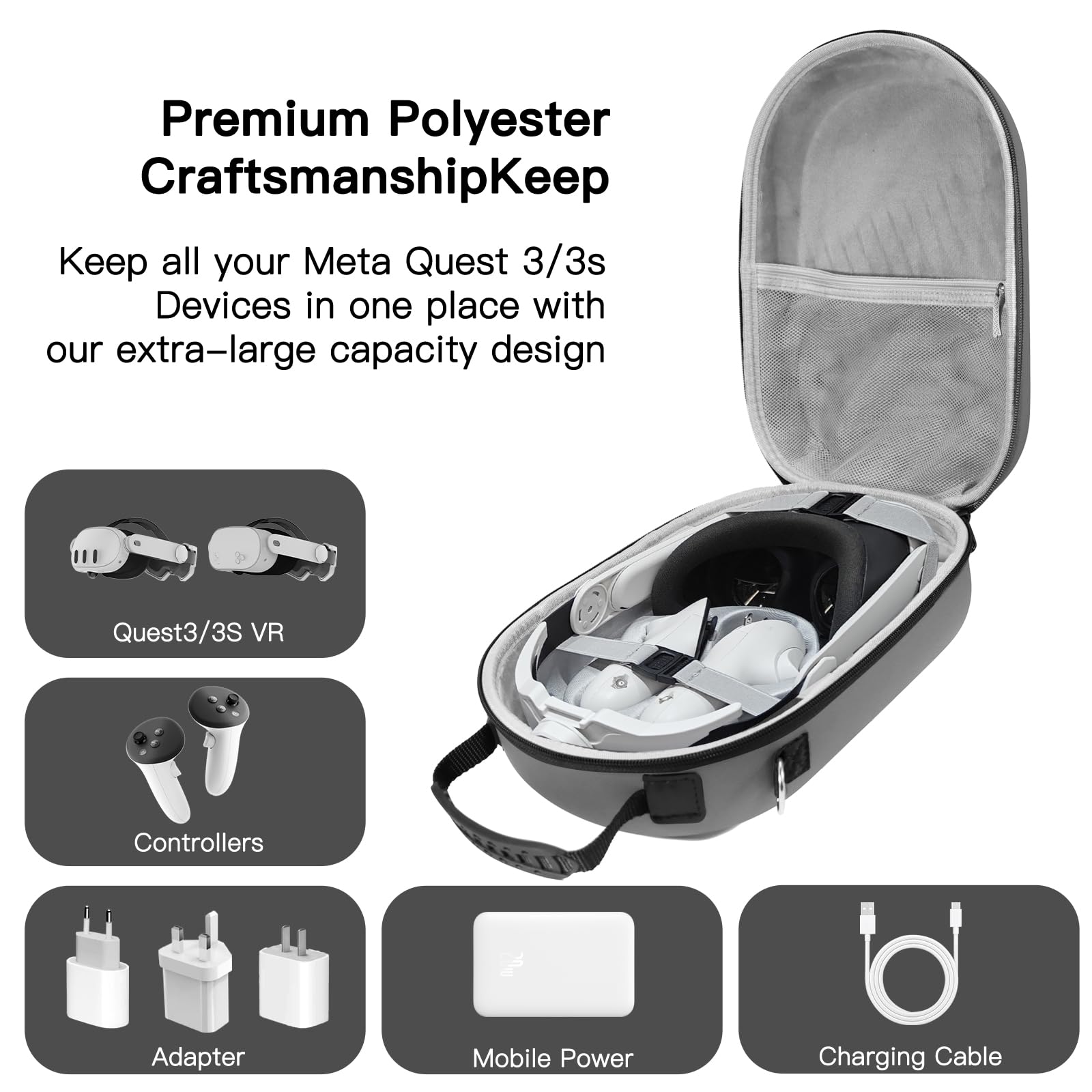 Hard Carrying Case Compatible with Oculus Meta Quest 3/3S,VR Headset Elite Strap and Touch Controller Accessories Carry Case,Hard Shell Travel Storage Bag (Grey) - 3