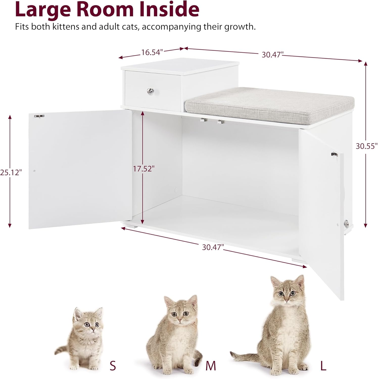 Cat Litter Box Enclosure, Litter Box Furniture Hidden, Indoor Cat House, Cat Washroom with Removable Seat Cushion, Wooden Shoe Bench with 1 Drawer, Living Room, Bedroom, White