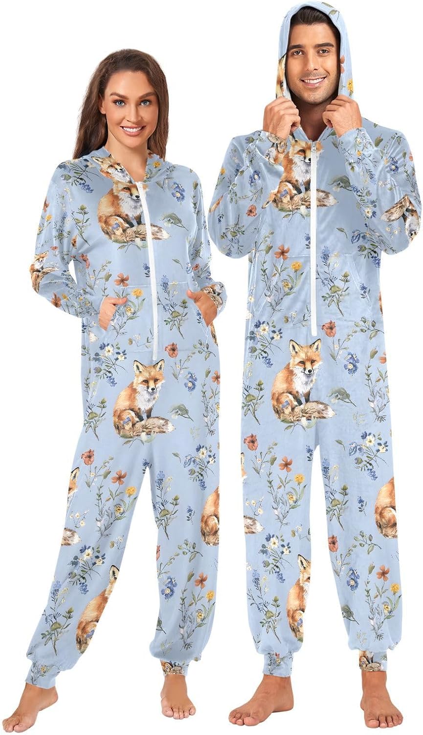 Fox Blue Adult Onesie Pajamas Novelty One Piece Costume Sleepwear Jumpsuits Matching PJS