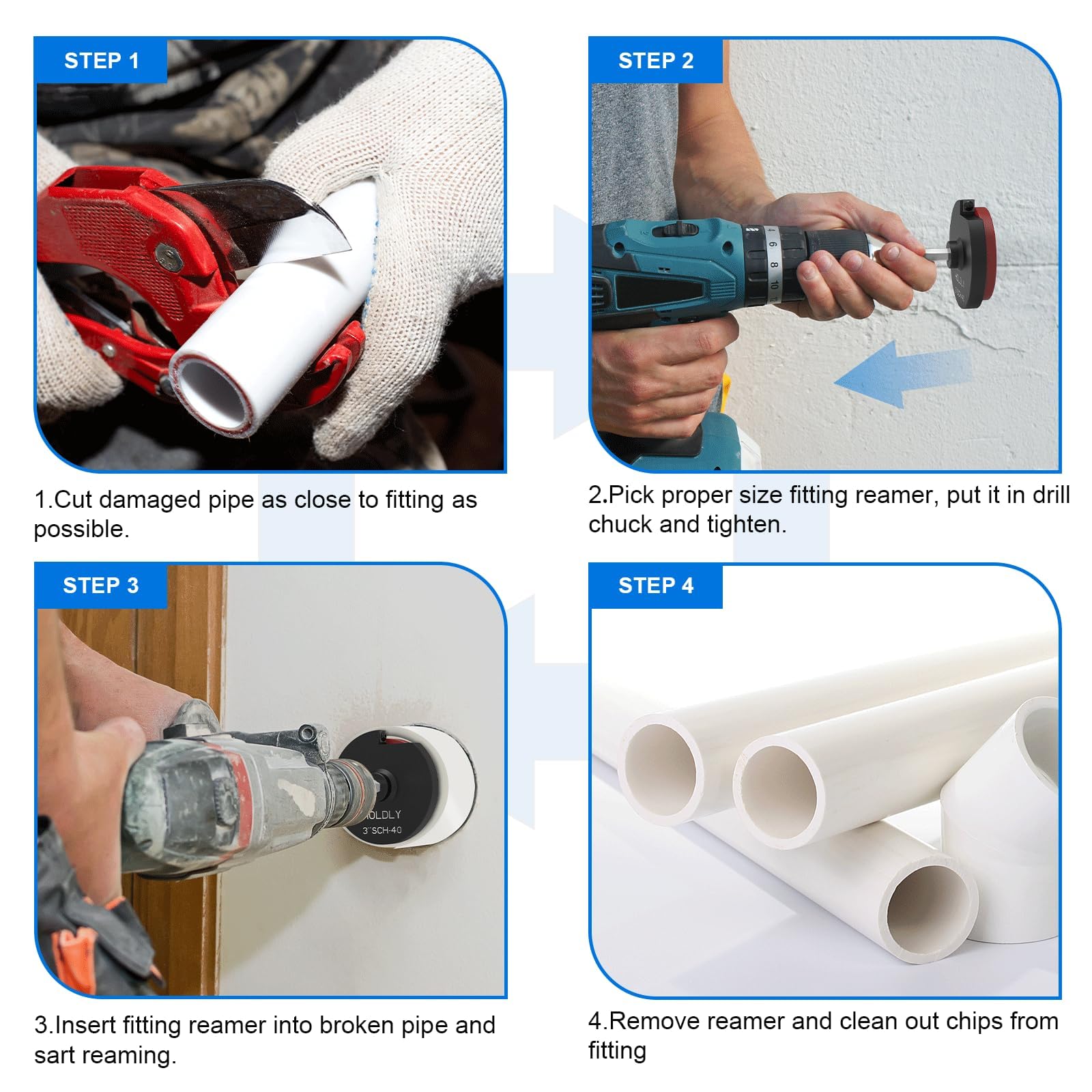Escariador de tubería de PVC con eje hexagonal de 3/8 pulgadas – Protector de accesorios de PVC para líneas de agua, líneas de drenaje y líneas de ventilación – Herramienta de fontanería para corte
