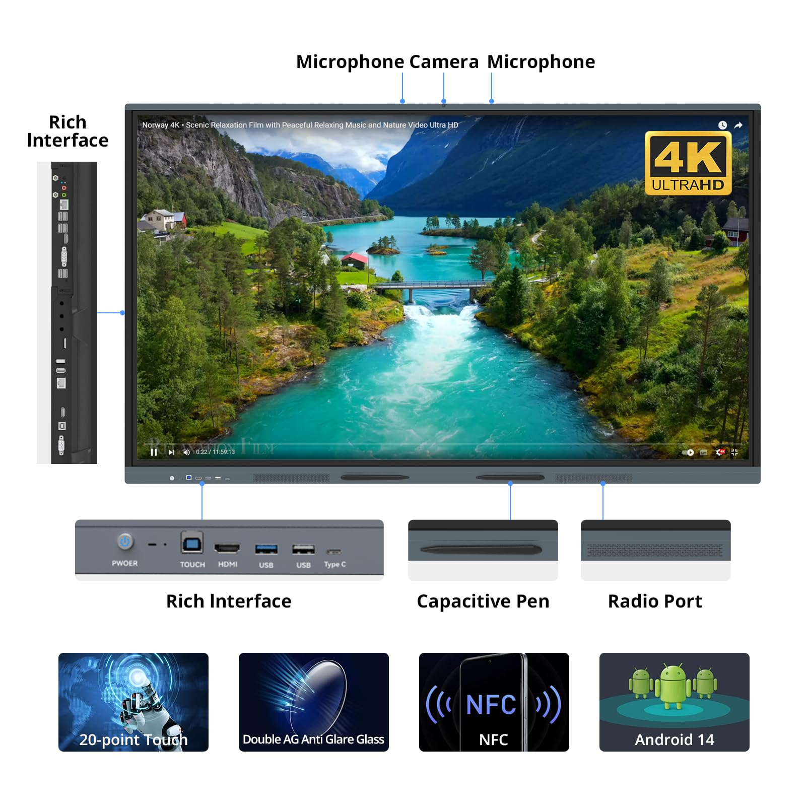 HUSHIDA 86? Smart Board, 4K UHD Interactive Whiteboard with Android 14 System and 13MP Camera, All in One Digital Whiteboard for Home, Classroom and Business (Wall Mount Included)