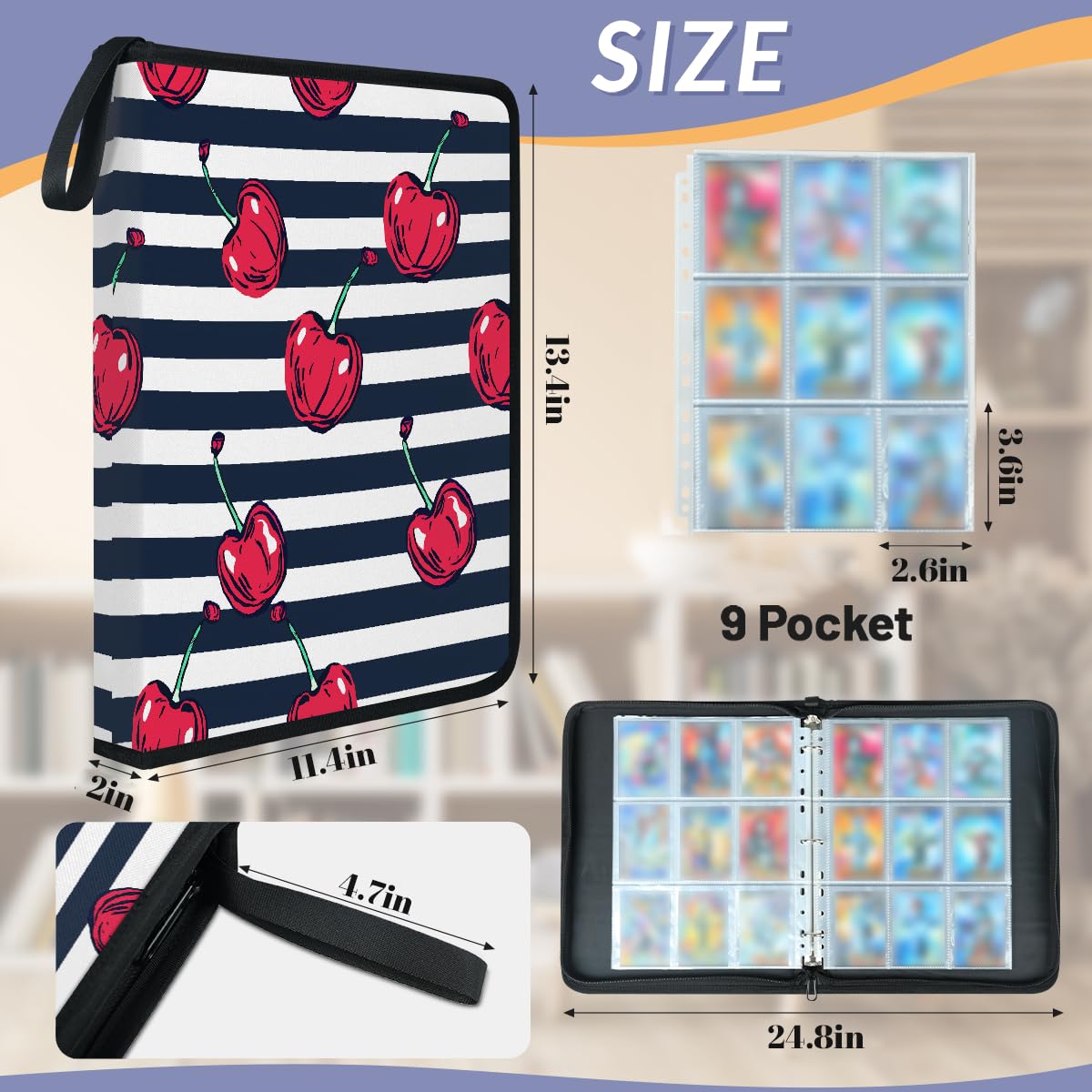 Raccoglitore per carte con 9 tasche, 900 tasche, con chiusura a cerniera (ciliegia a righe)