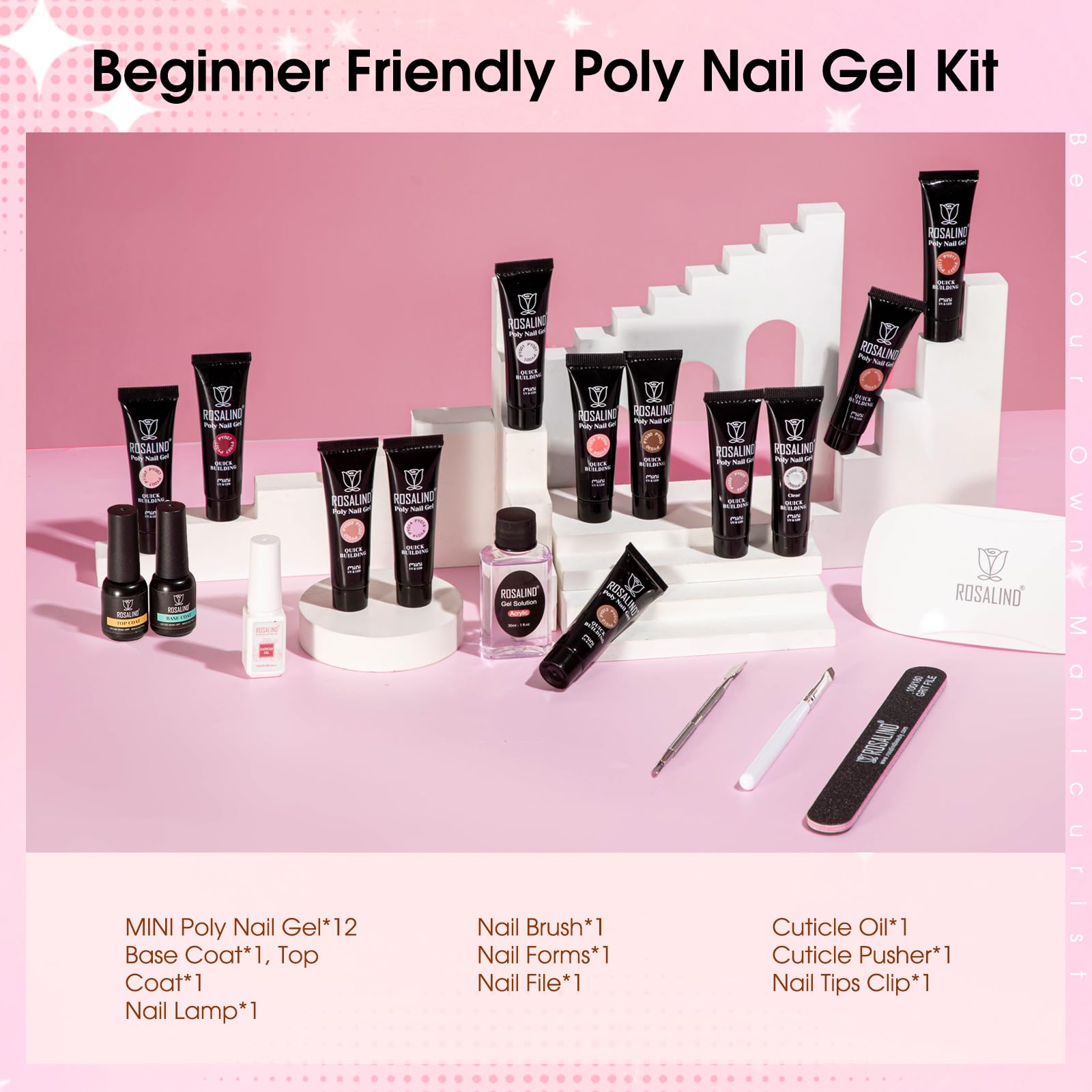 ROSALIND Kit Completo de Poligel para Uñas - 12 Colores 10ml, Lámpara UV, Base y Top Coat, Kit de Arte para Bricolaje en Casa y Profesionales