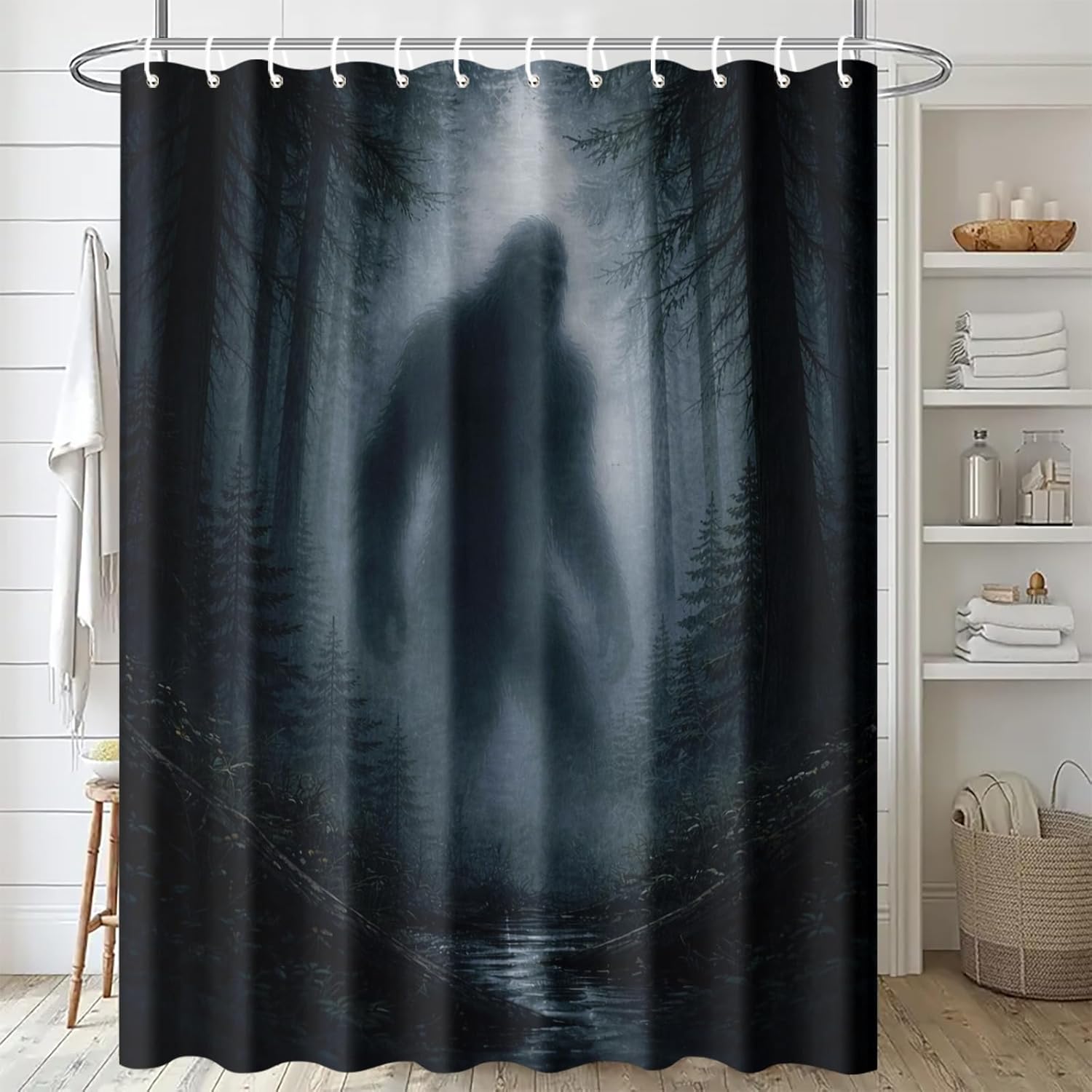 Sasquatch Bigfoot Forest Shower Curtain 70.8x70.8 Inch with Hooks Foggy Forest Bigfoot Silhouette Design Fabric Bathroom Decor Mysterious Outdoor Nature Decor for Bathtub