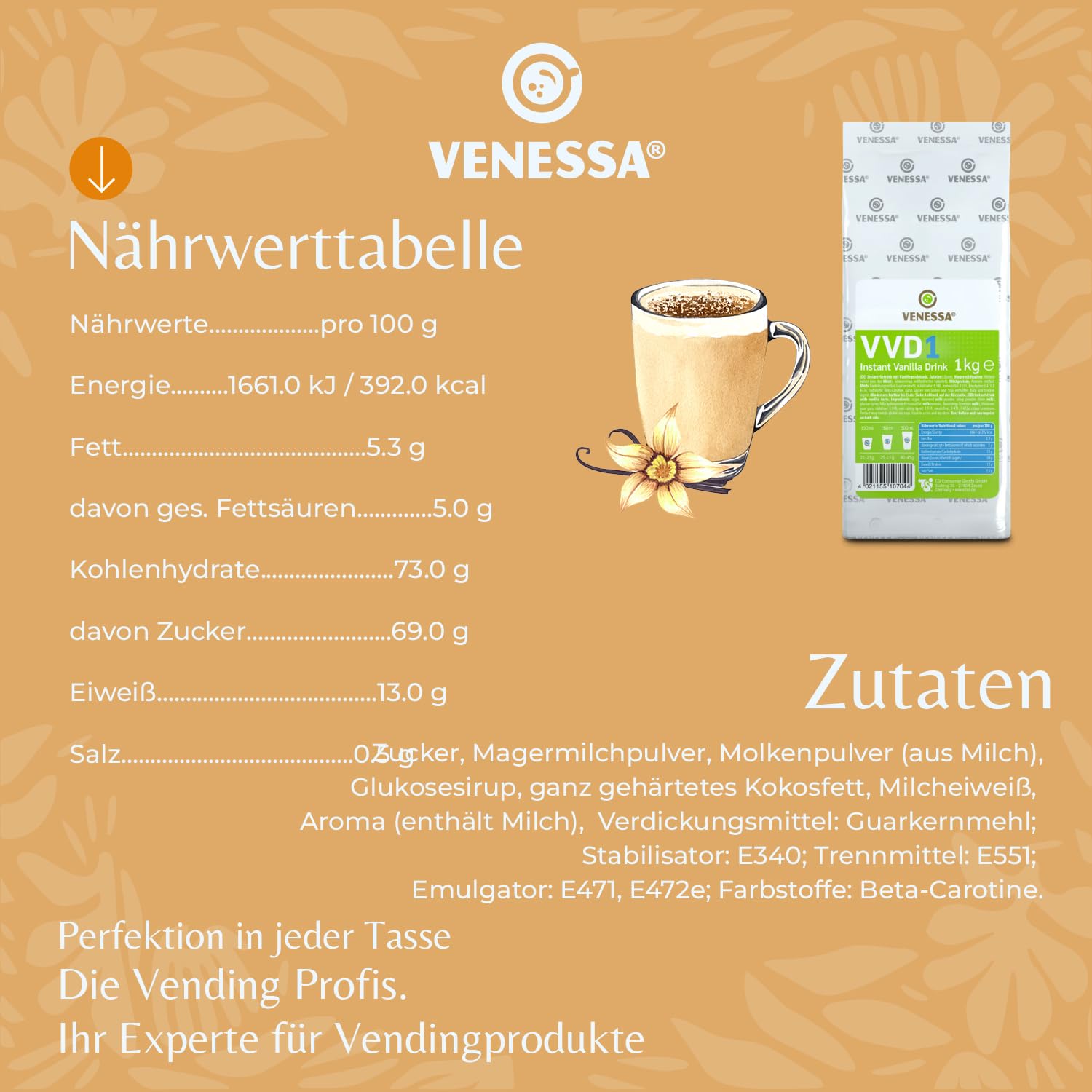 VENESSA Vanilla Drink VVD 1 Lot de 5 x 1 kg – Aromatiquement soluble, lait vanille en poudre avec note de vanille fine pour vos clients – Convient pour toutes les ventes