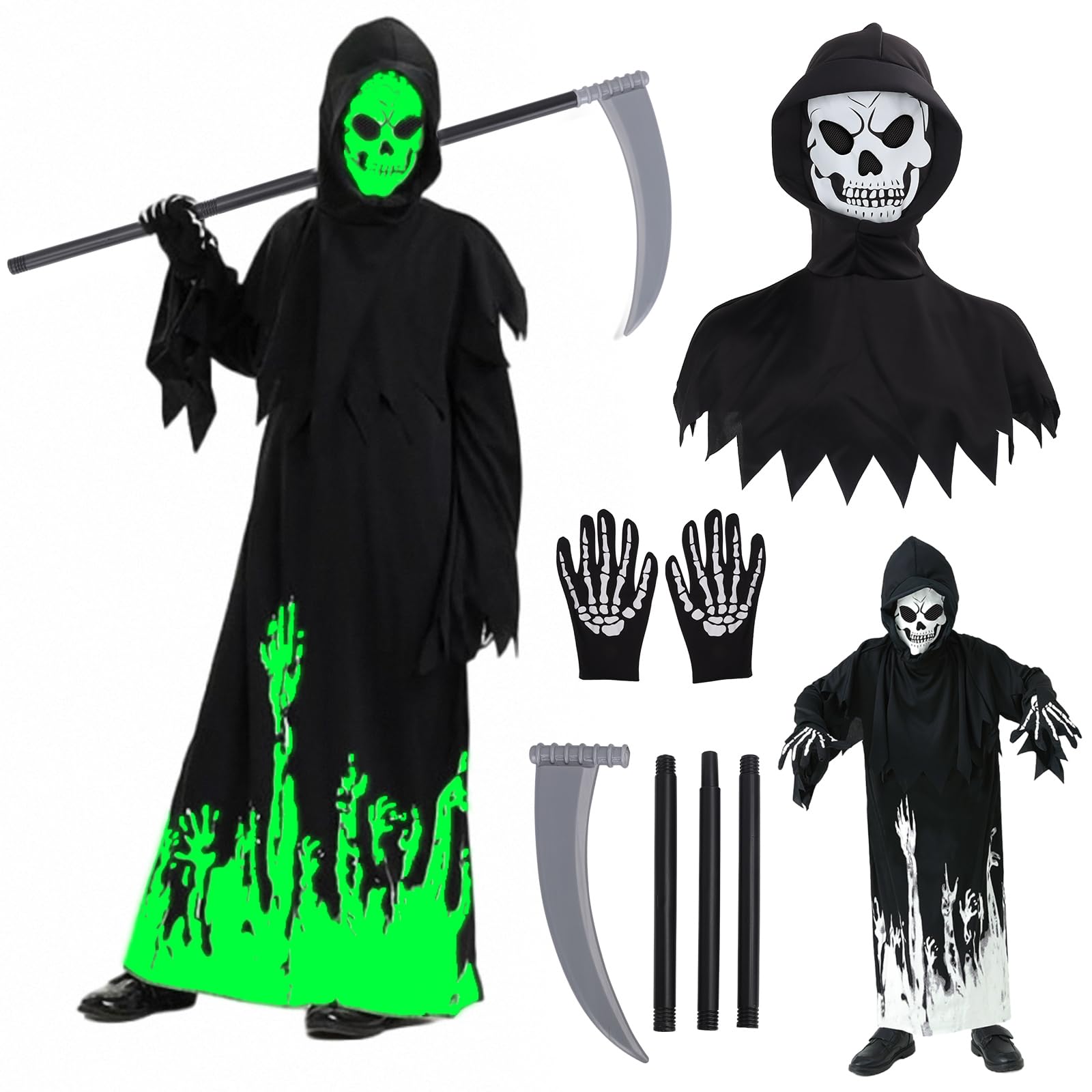 130CM Halloween Grim Reaper Costume Set for Kids Boys Glow in the Dark Robe Scary Costumes with Scythe Glowing for 8-10 Years Old