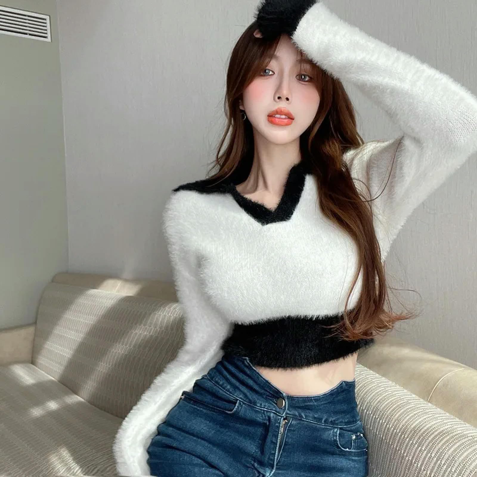 Ropa Mujer Autumn Winter Winter'S Sweater Slim Sexy Plush Vplush Color Bloqueo De Bloqueo De Color En V-b-Talla Única