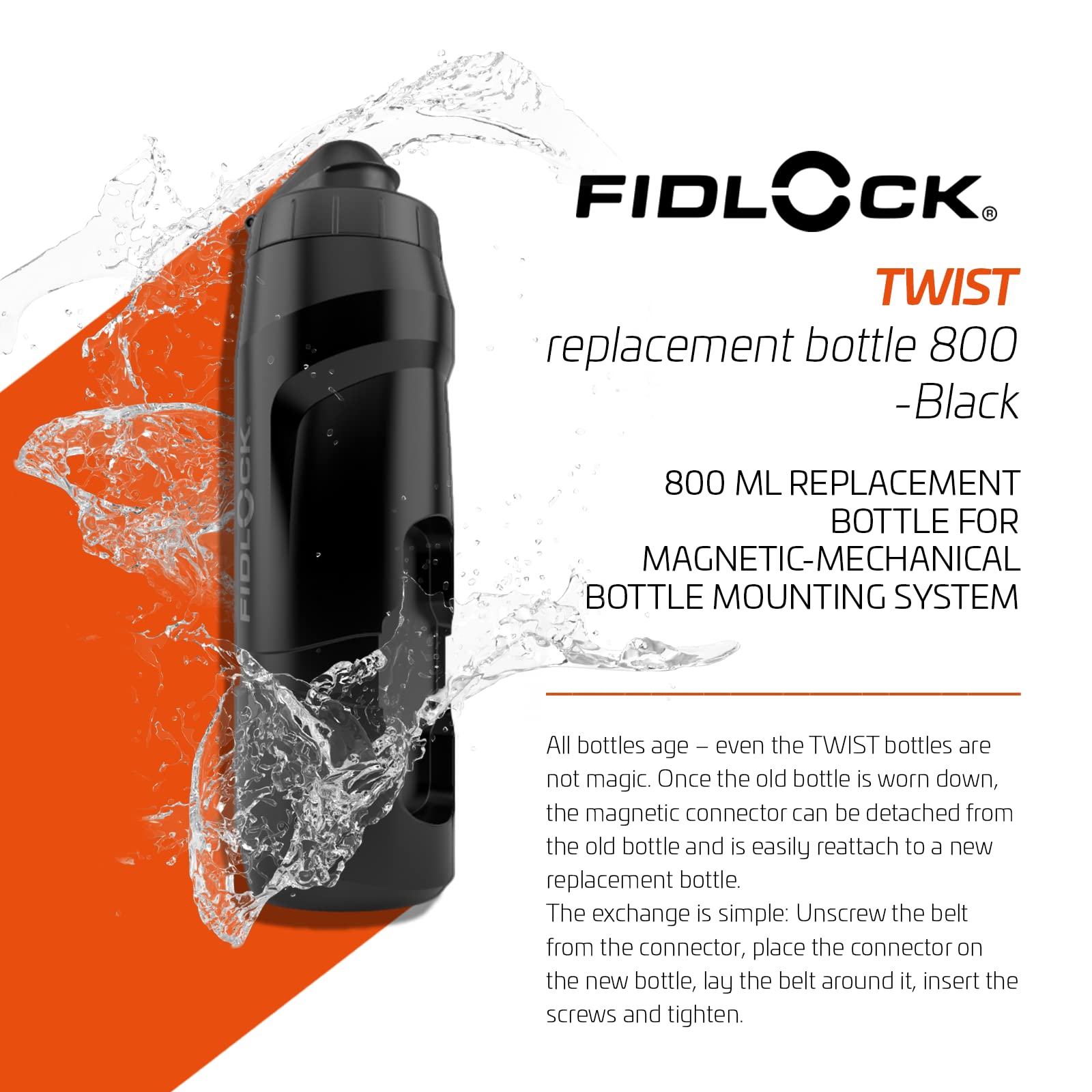 FIDLOCK Twist Replacement Bottle 800ml/27oz | Includes Twist Bottle Only (Twist Base Not Included) | Black