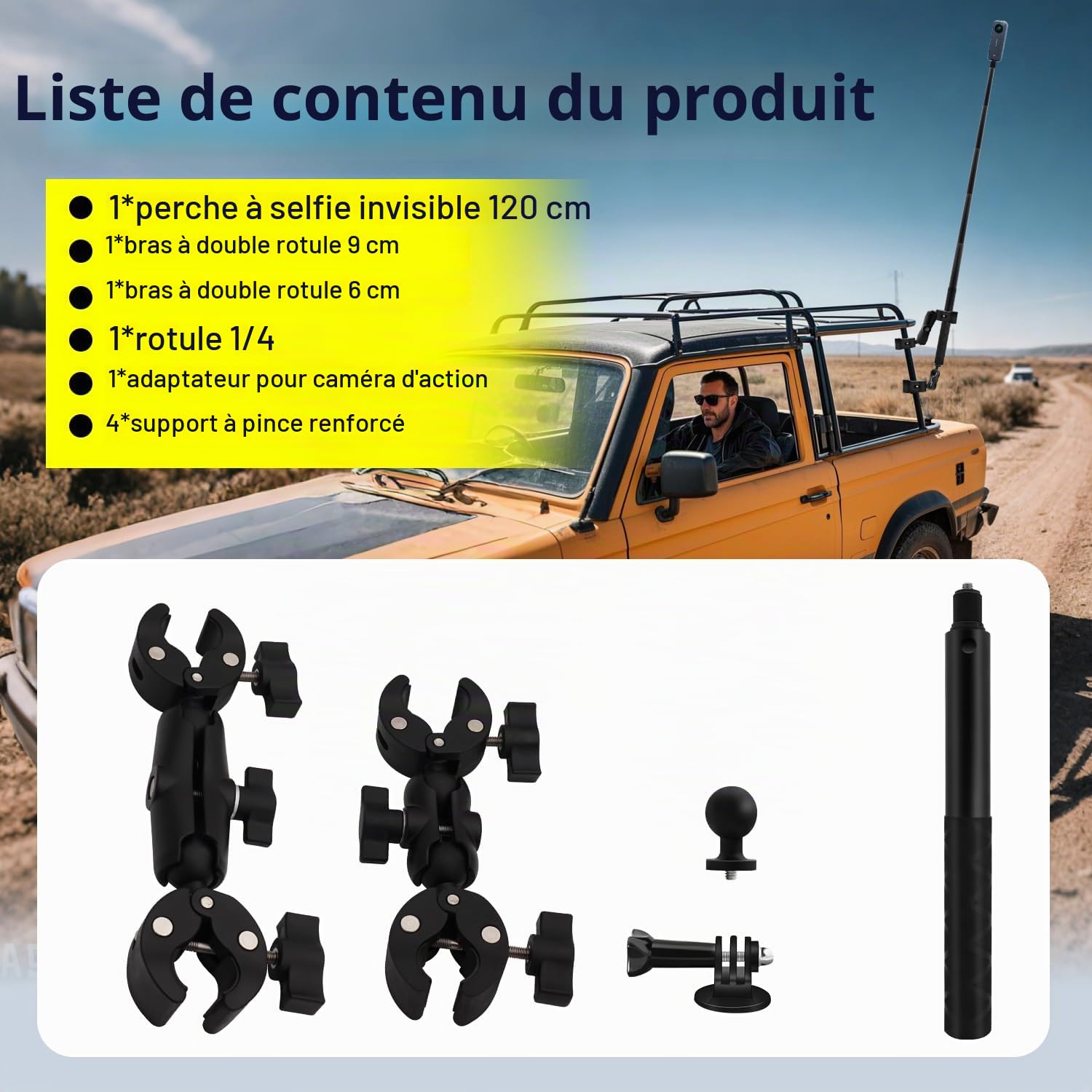 Moto Pince Support avec 47’’ Invisible Bâton Compatible avec Insta360 X5-X