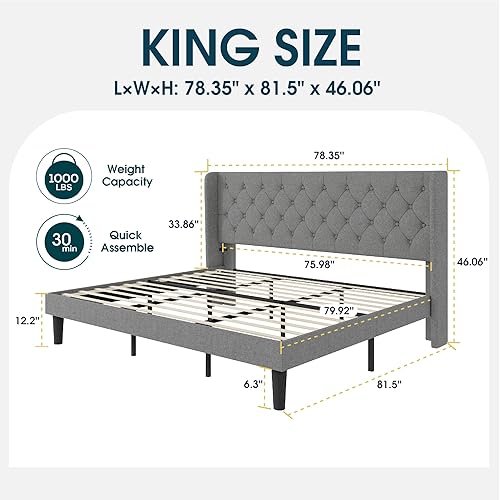 Miniatura 33 de WEEWAY Base de cama tapizada tamaño Queen con cabecera copetuda con respaldo de alas, plataforma moderna con soporte de listones de madera, fácil