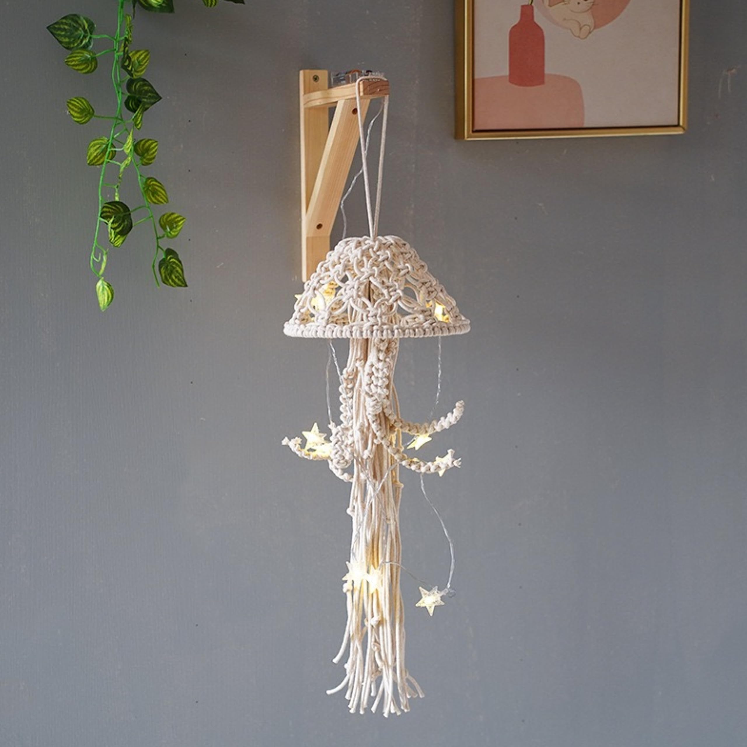 Macrame Wall Hanging,Jellyfish Dream Catcher with Star Lights,Bohemian Woven Wall Art Decor Beautiful Apartment Dorm Room Door Decoration (White)