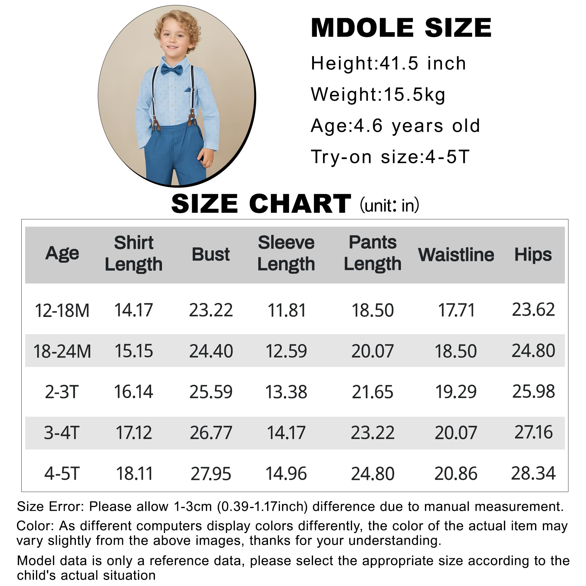 CARETOO Ropa para niños pequeños, trajes de boda para caballeros, trajes formales para niños, camisa de vestir con corbatín, pantalones largos, overoles 1-5T
