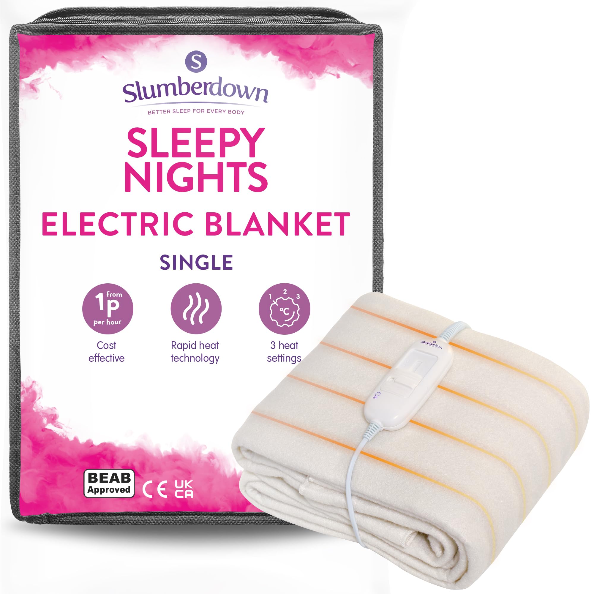 Slumberdown Sleepy Nights Electric Blanket Single - Warm u0026 Cosy 3-Heat  Settings Heated Blanket for Bed