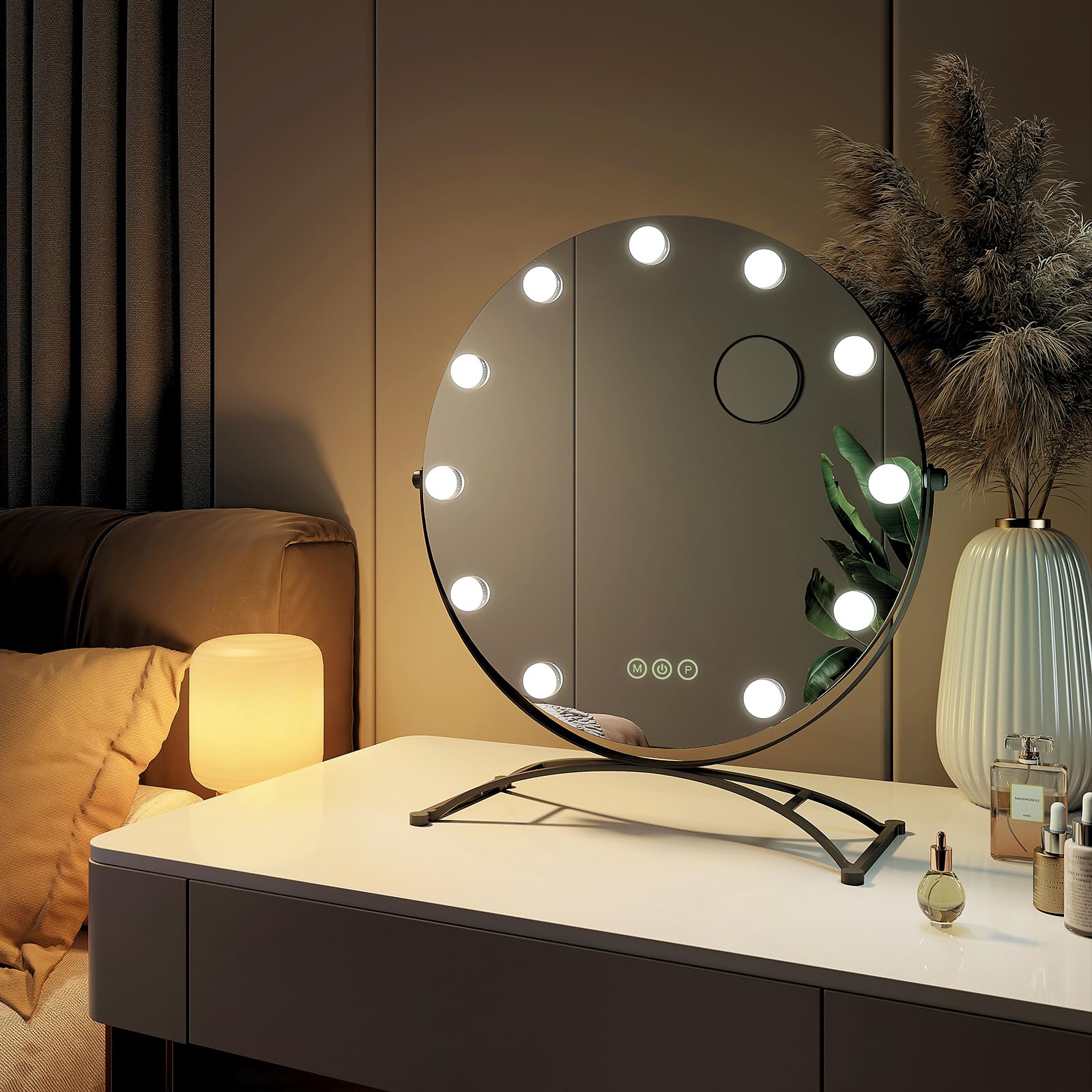 EMKE Hollywood - Espejo de Maquillaje Redondo, diámetro 50 cm, Marco Negro, Espejo de Aumento 7 x con 11 Bombillas LED, Interruptor táctil, rotación 360°, luz 3000K/4000K/6500K