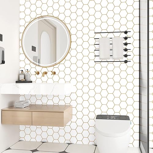 Miniatura 4 de Papel tapiz adhesivo dorado para despegar y pegar, papel tapiz hexagonal extraíble, geométrico, autoadhesivo, moderno, enrejado, de vinilo de 17.5 x