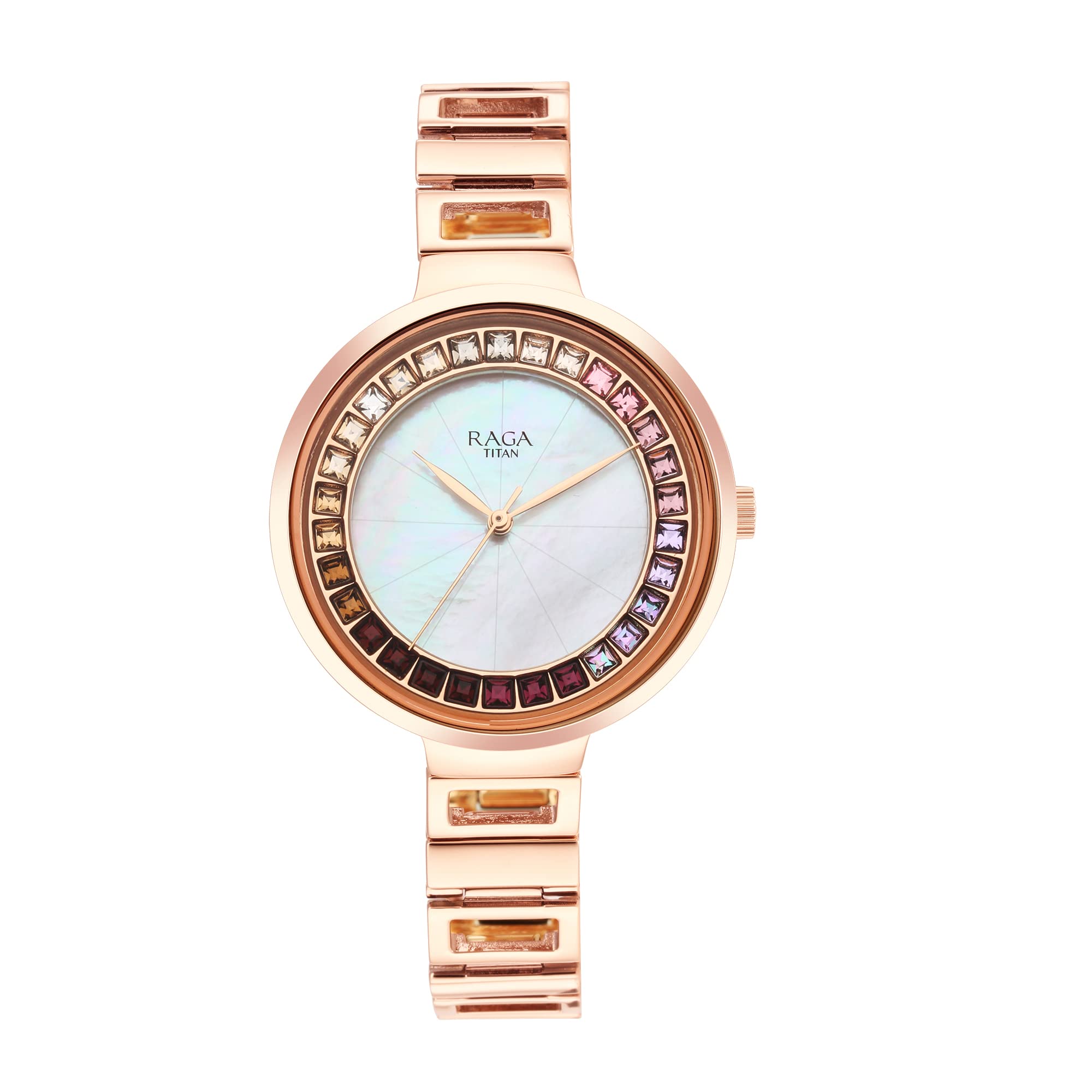 TitanRaga Love All Quartz Analog Mother of Pearl Dial Rose Gold Metal Strap Watch for Women - NT95150WM01