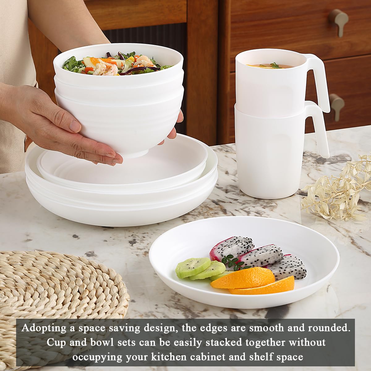 Kyraton Cubiertos de plástico Juegos de 32 piezas, reutilizables Platos ligeros Tazas Cuencos Platos Fácil de llevar y limpiar Microondas Seguro BPA Lavavajillas seguro Servicio seguro para 8