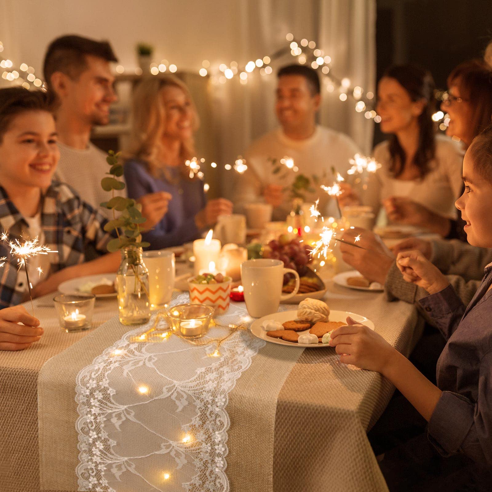 6 Pieces 12 x 108 Inches Burlap Table Runner with String Lights Rustic Lace Table Runner Farmhouse Jute 9ft Table Runner Wedding Decor with Fairy Light Table Decoration for Home Wedding Party Holiday