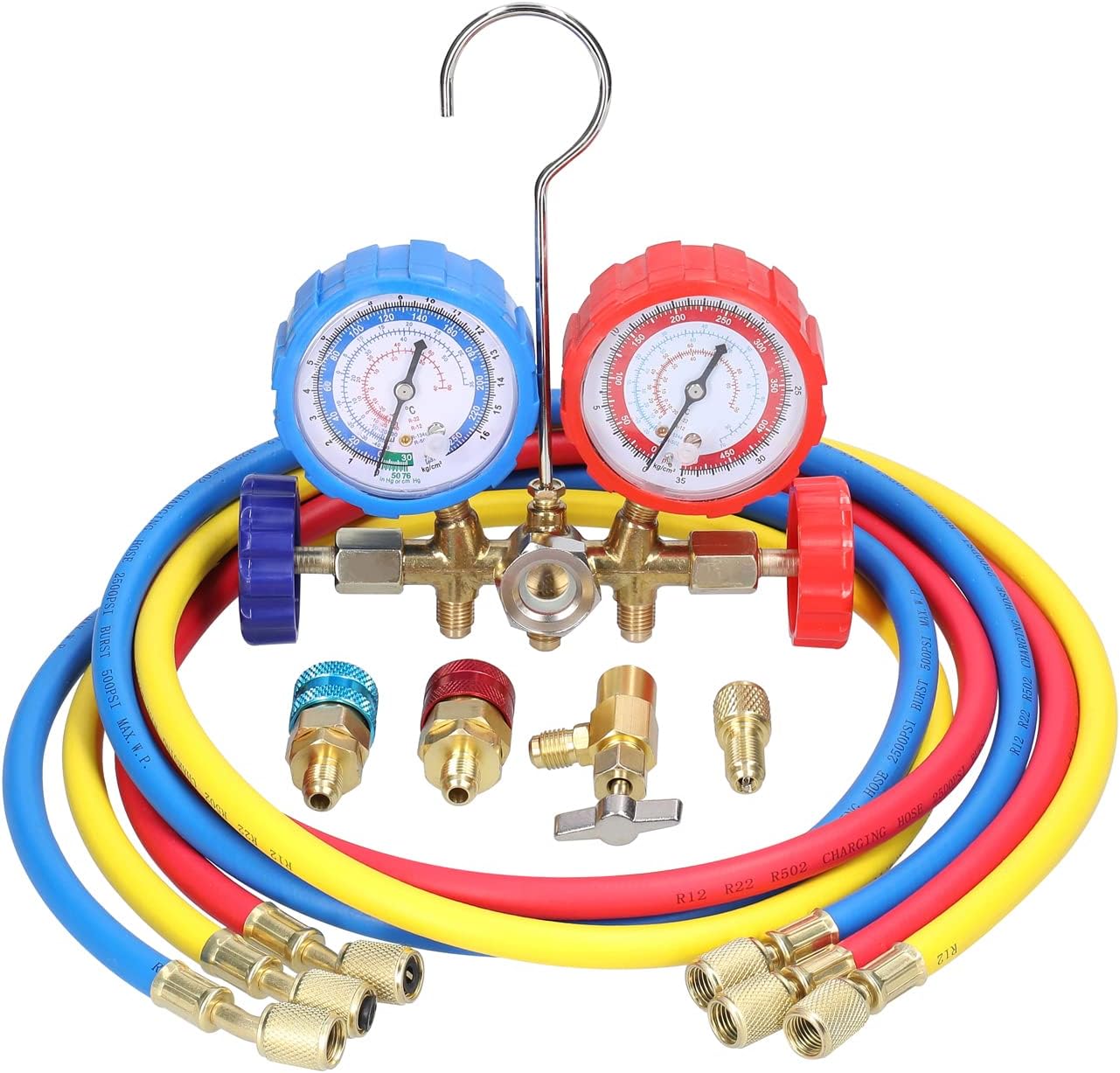 Manifold Gauge Set Air Conditioning Refrigerant Charging Brass Dual-Valve Pressure Gauge with 5ft Hose Quick Coupler Adapters for R12/R22/R134a/R502 Refrigerant
