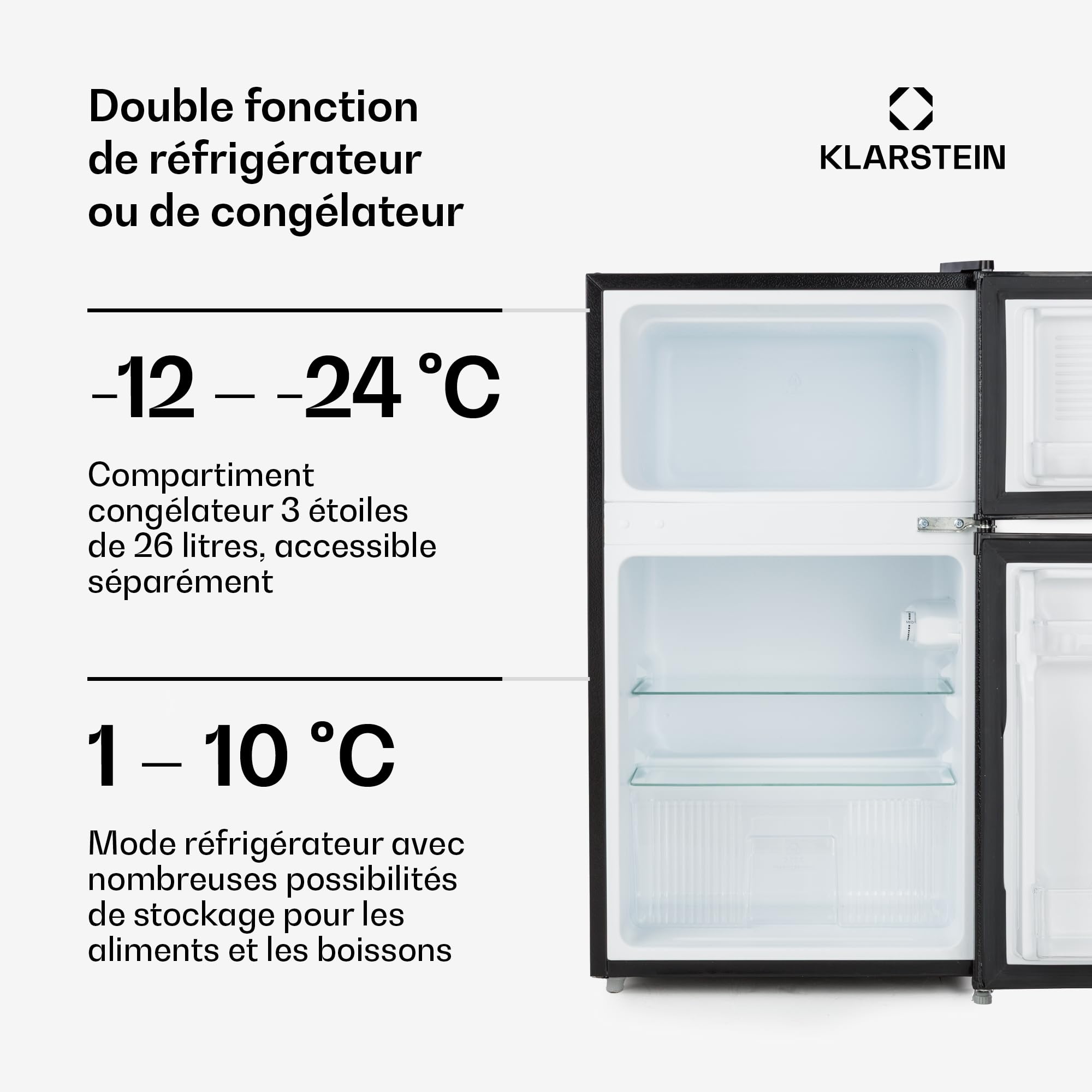 KLARSTEIN Big Daddy Cool - combiné réfrigérateur-congélateur, 87 l: réfrigérateur 61 L et congélateur 26 L, classe énergétique E, système ECOExcellence, 2 clayettes en verre de sécurité, noir
