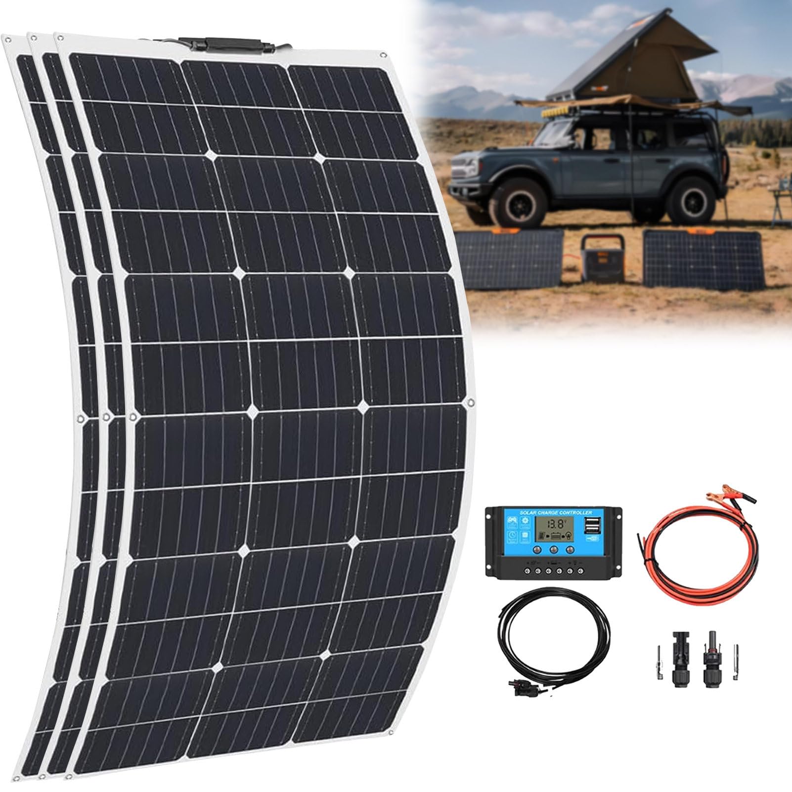 Paneles Solares, Panel Solar Monocristalino, 400w, con Controlador De 40 A, Fotovoltaico Impermeable, Monocristalina, para Autocaravana, Techo, Caravana, Barco Y Superficies Desparejas. 3×200w