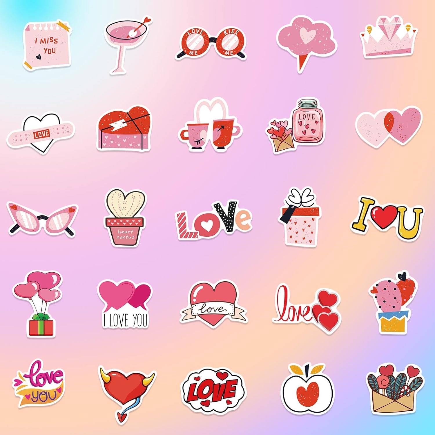 Valentine's Day Stickers, 100 Pcs Cute Vinyl Heart Cartoon Stickers for Kids, Waterproof for Plastic Metal Glass Wood, Removable Decorative Stickers