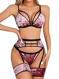 Women&apos;s Sexy Lingerie Set with Garter Belt Matching Bra and Panty Lingeries Sets 4 Piece