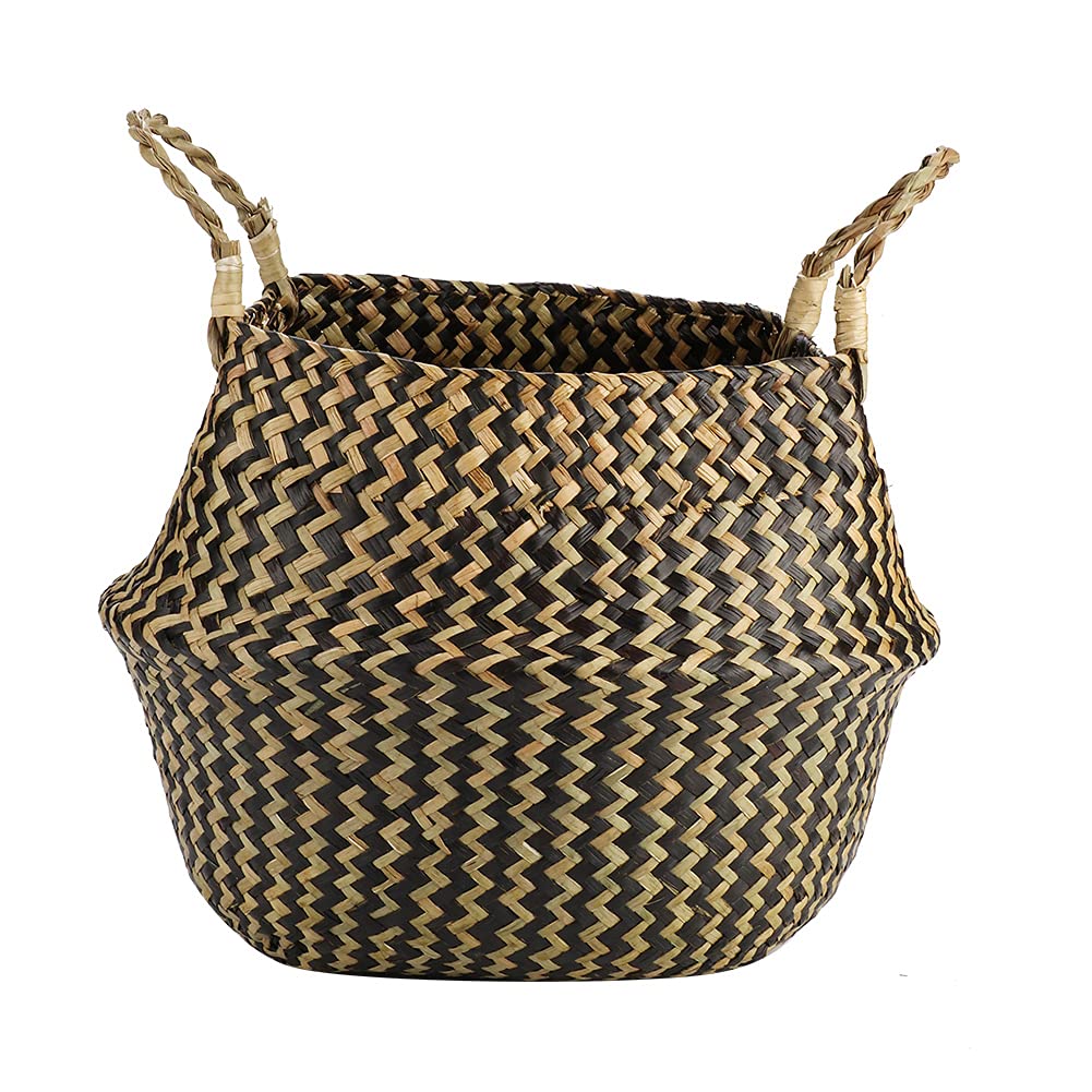 Seagrass Basket, Foldable Laundry Tote Woven Plant Pot Holder Woven Clothes Grocery Basket Flower Plant Pot Storage Organizer with Handles for Storage and Laundry, Picnic(Black)