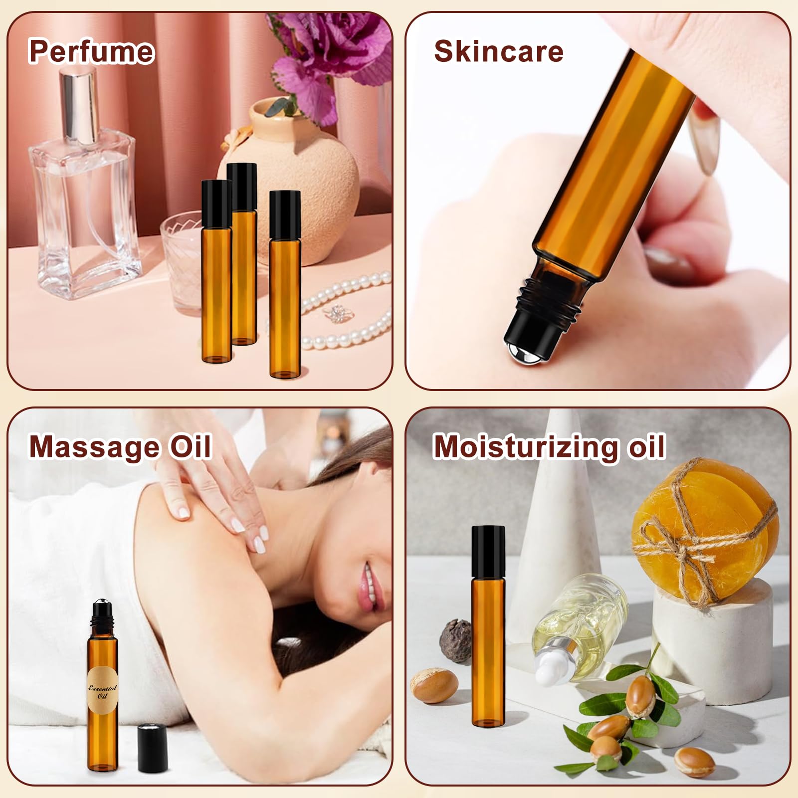 Redamancy Rollon - Bottiglie di vetro per oli essenziali, 10 ml, bottiglie roll-on, bottiglie vuote, bottiglie di vetro marrone per oli, fragranze e cosmetici
