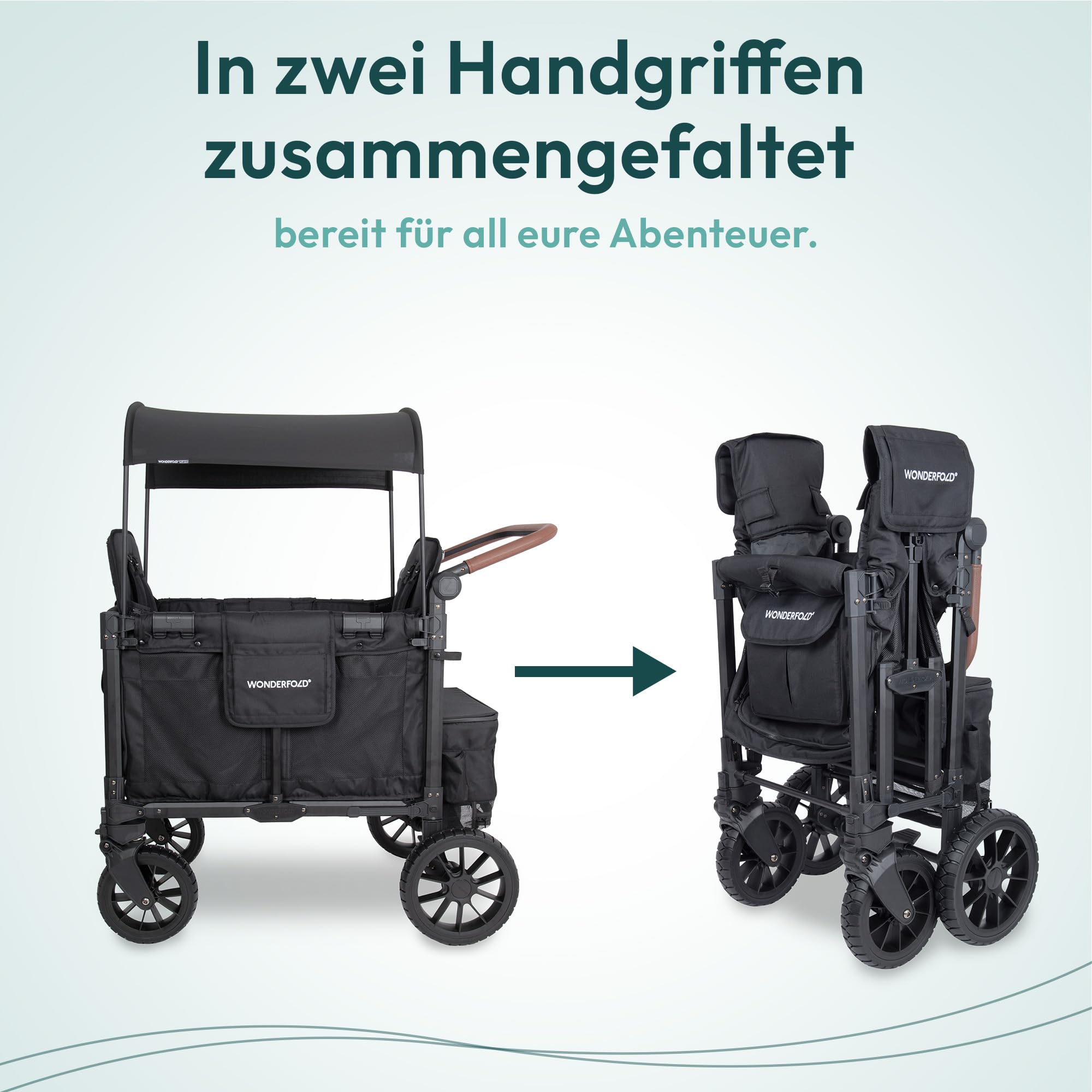 WONDERFOLD W2 Luxe Pro Kinderwagen 2-Sitzer zusammenklappbar mit 5-Punkt-Sicherheitsgurten verstellbarem Sonnendach Schwarz Jet Black
