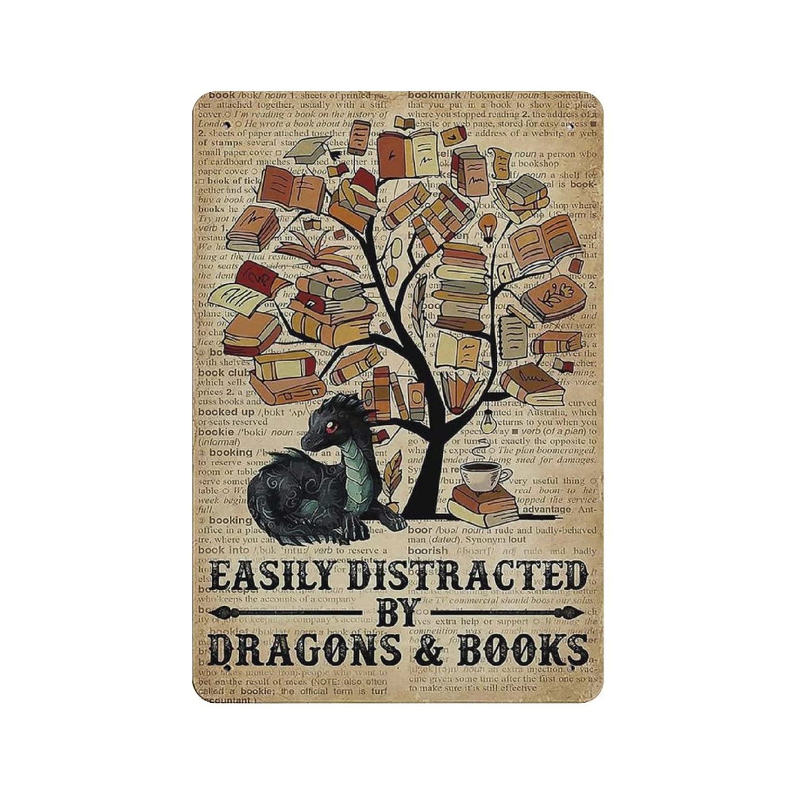Easily Distracted By Dragons and Books Metal Signs, Fun Poster For Bar Kitchen Cafe Farmhouse Wall Decor 12x8 Inch
