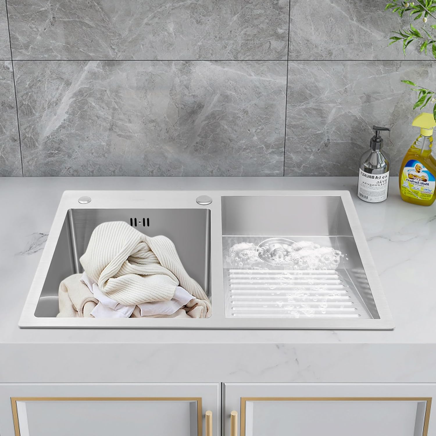 Stainless Steel Laundry Sink with Washboard Double Basin Topmount Undermount Utility Sink with Washboard for Laundry Room Kitchen Bathroom Garage (27.5 * 18.9in Rub Right, Wash Left)