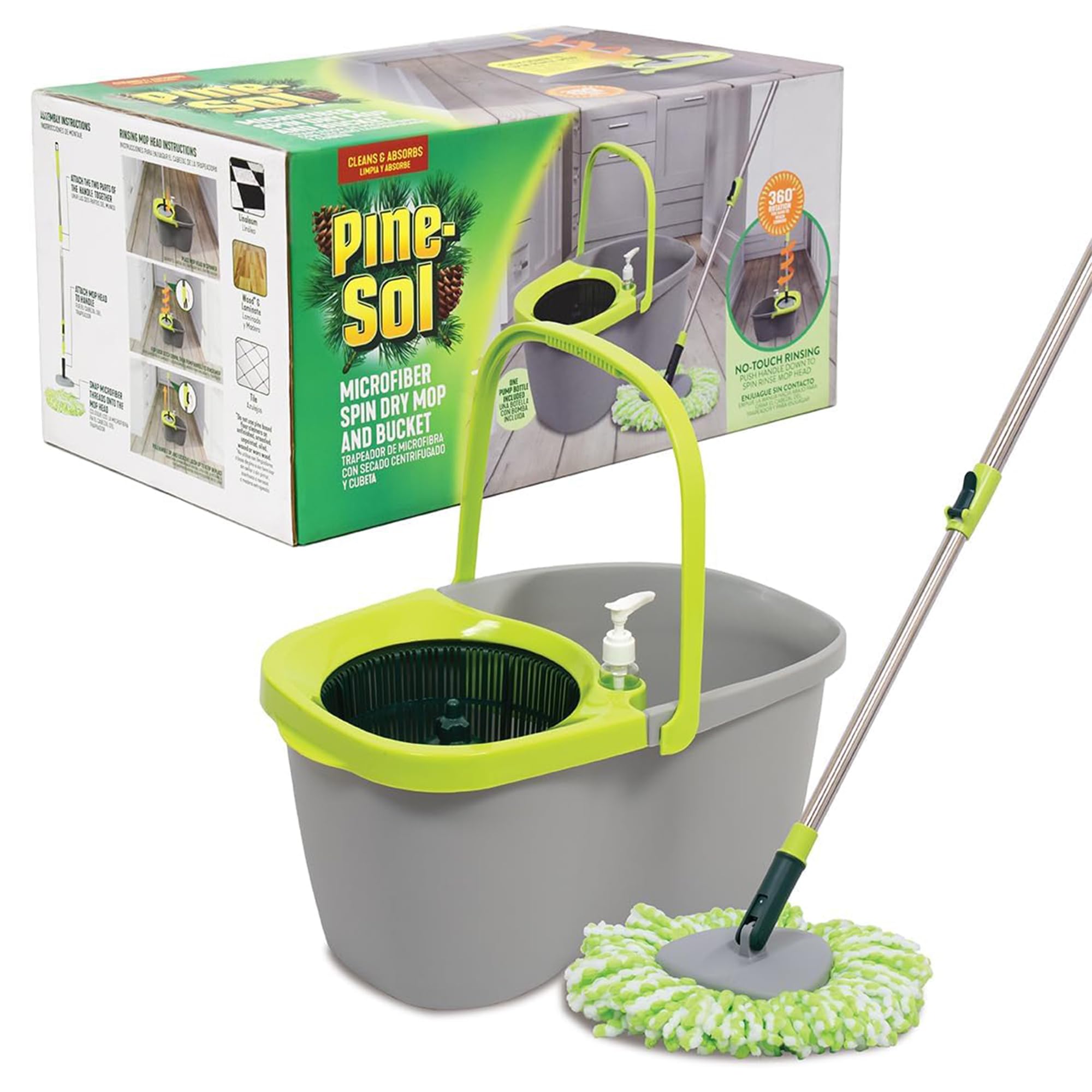 Pine-Sol Spin Mop and Bucket Set - Microfiber Mop Head with Extendable Handle and Easy Wring Bucket - Multi Surface Floor Cleaning System for Wet Mopping