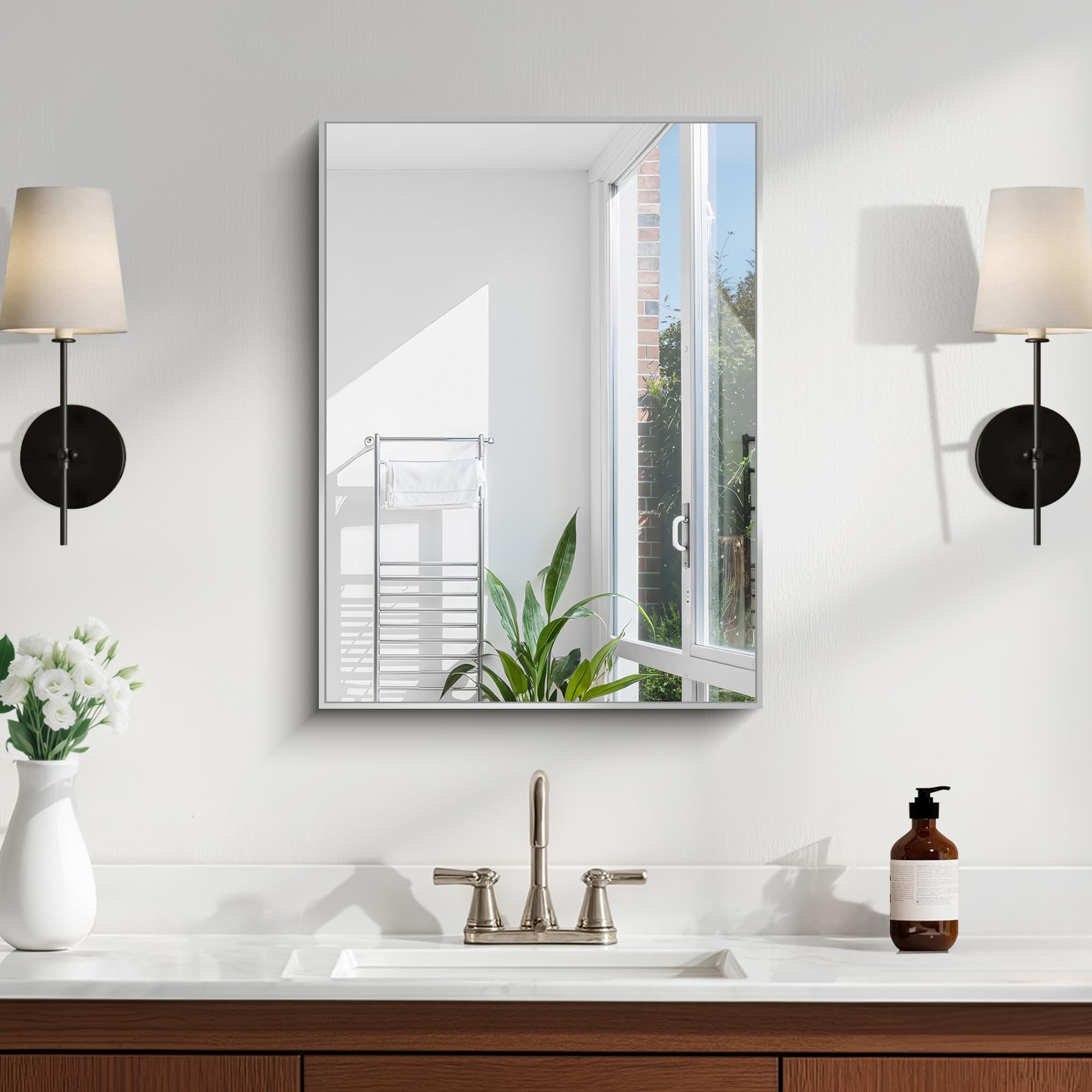 KOCUUY Silver Framed Mirror, 24"x18" Rectangle Bathroom Mirror for Wall, HD Tempered Glass, Anti-Rust Frame, Modern Design for Bathroom, Bedroom, Living Room, Entryway